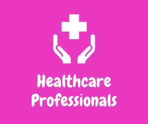 Graphic of hands and hospital plus sign with 'Healthcare professionals' text